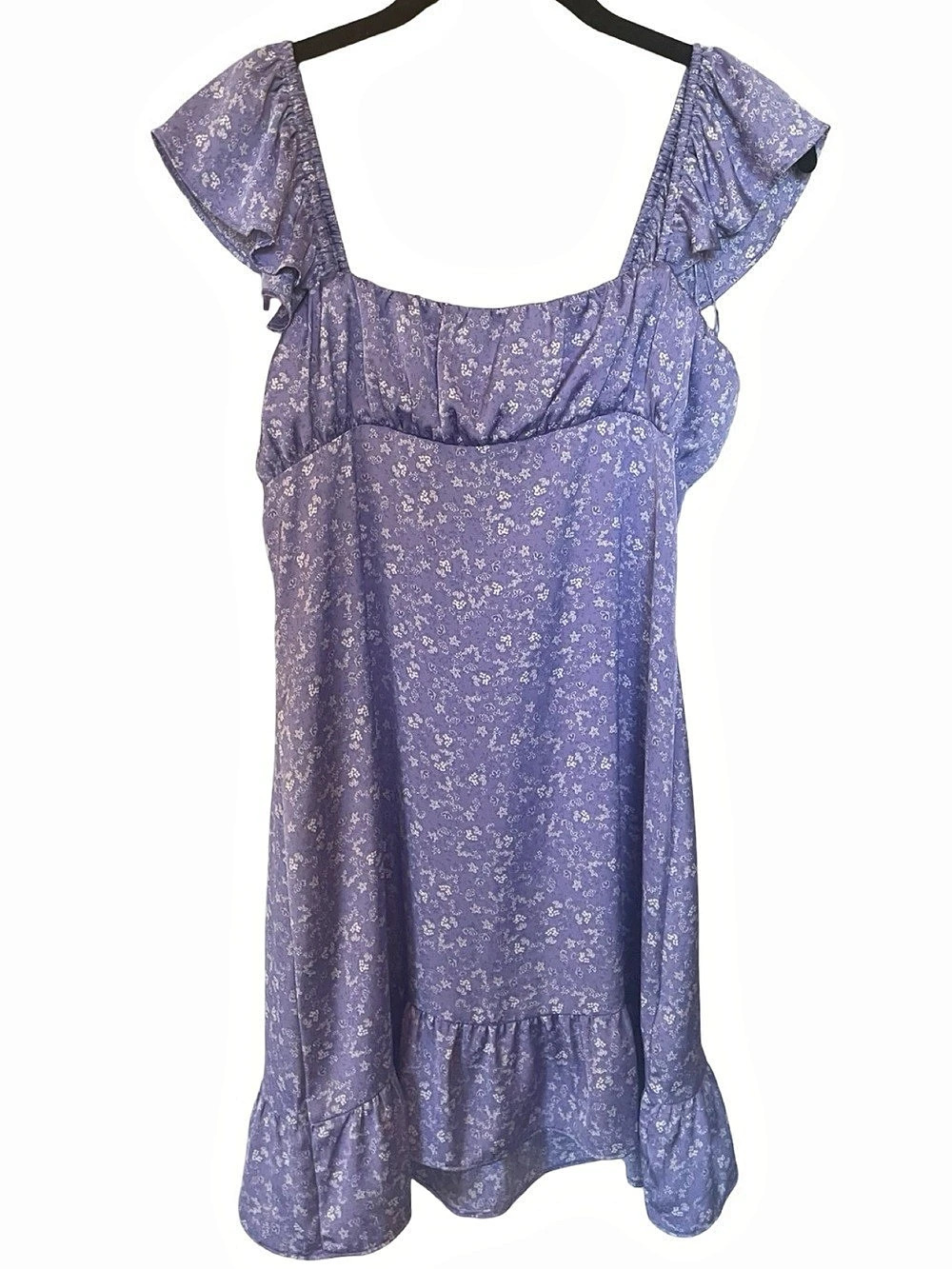 Zara Purple Floral Mini Dress XS Flutter Sleeve Square Neck
